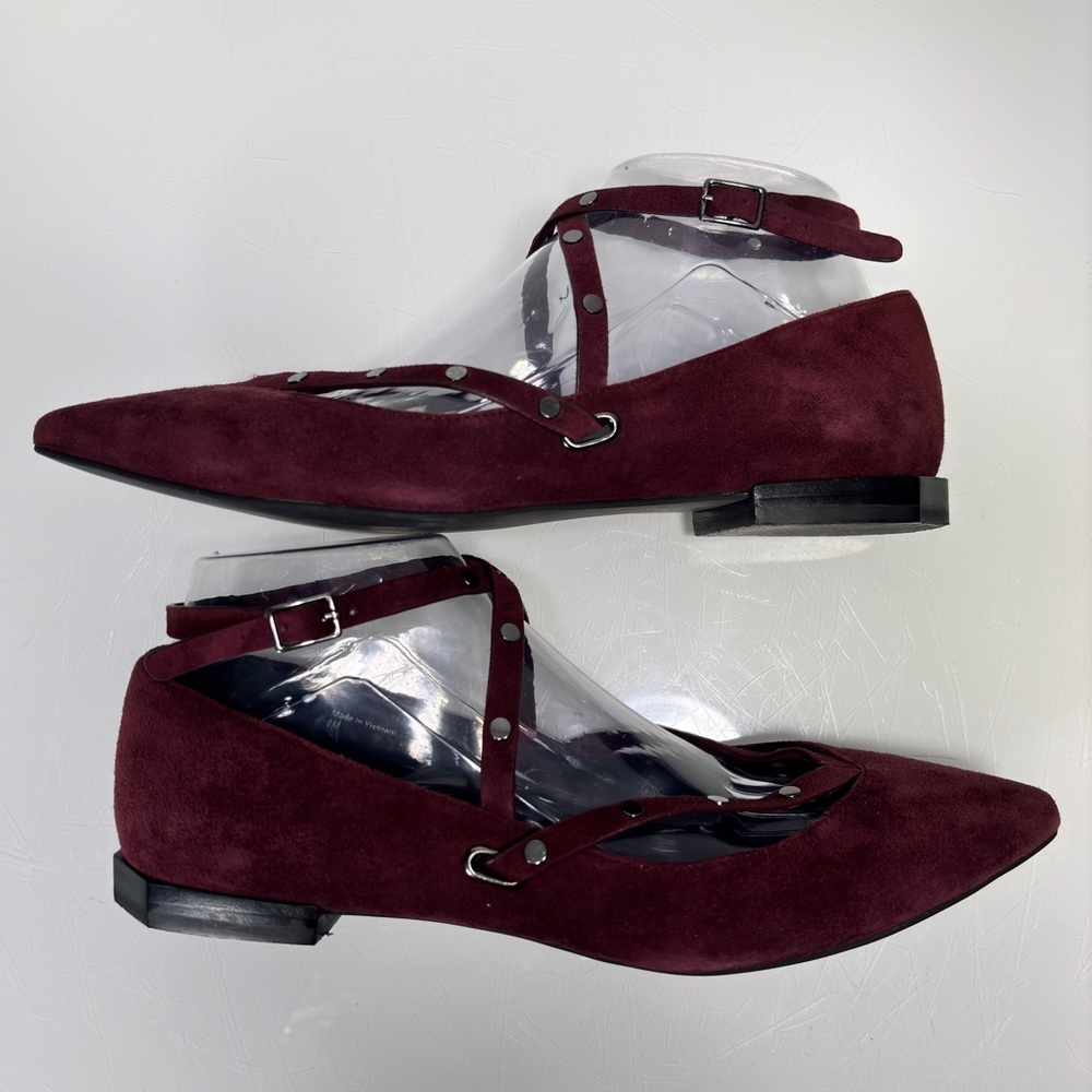 Rebecca Minkoff Faye Dark Maroon Suede Studded Straps Pointed‎ Toe Flats Size 8 - Picture 7 of 12